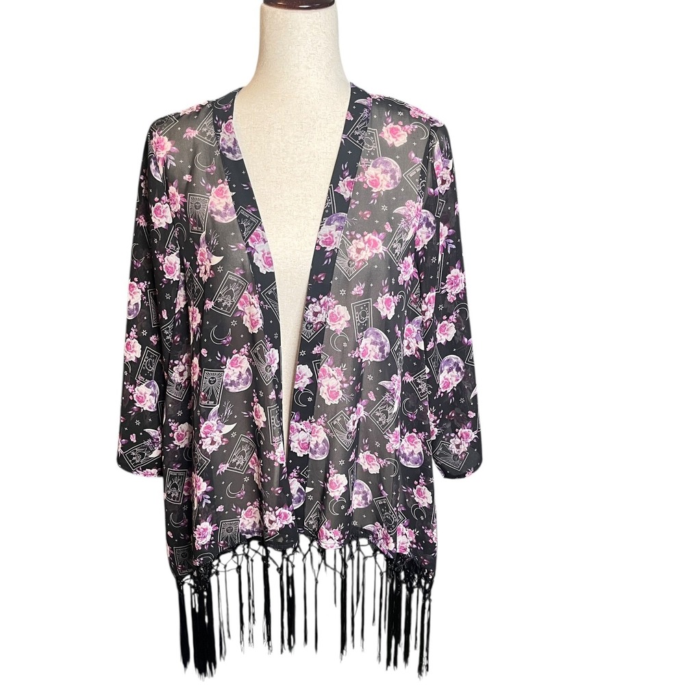 Hot Topic Black Floral Tarot Moon Skull Fringe Kimono Celestial XS S Witchy Goth